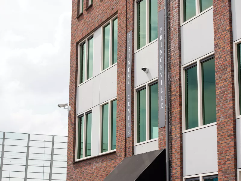 Outdoor cameras on building exterior