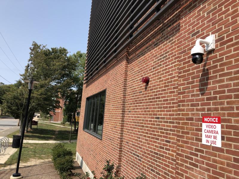 Camera on exterior wall of BSU campus building