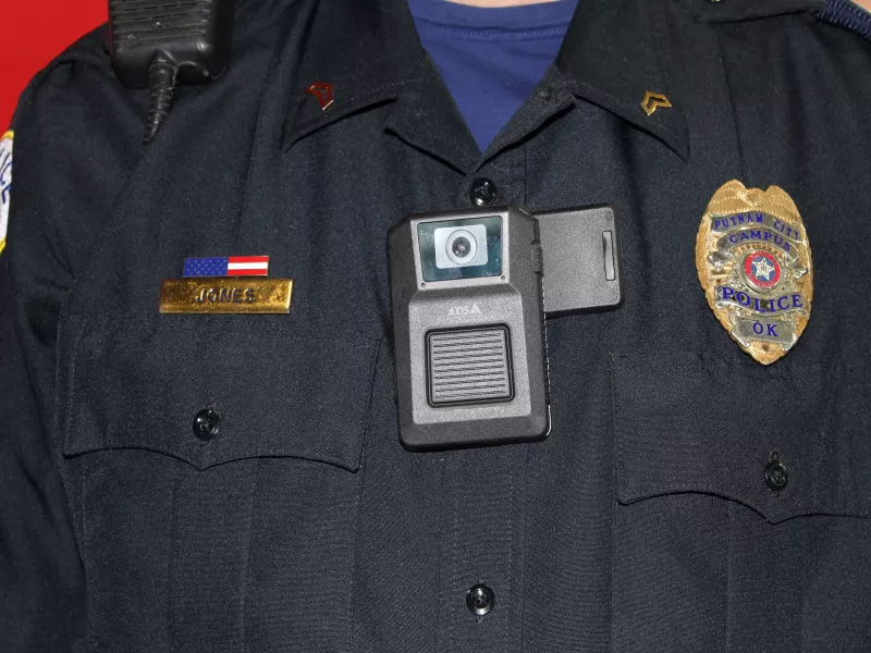 Close up of body worn camera on officers chest