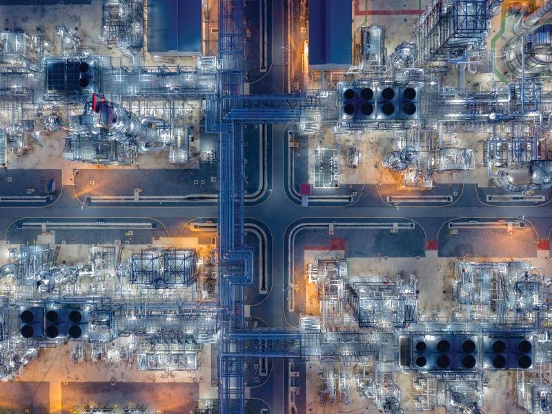 Oil refinery aerial picture at night
