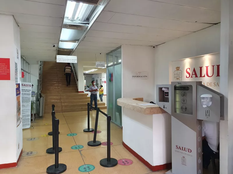 reception desk with queues for lines 