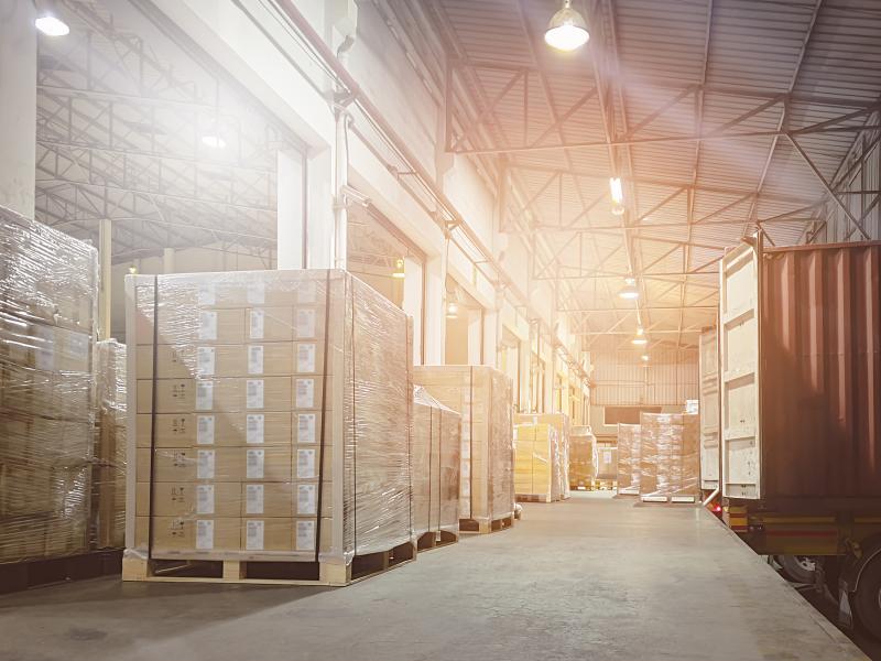 Boxes and pallets on loading dock