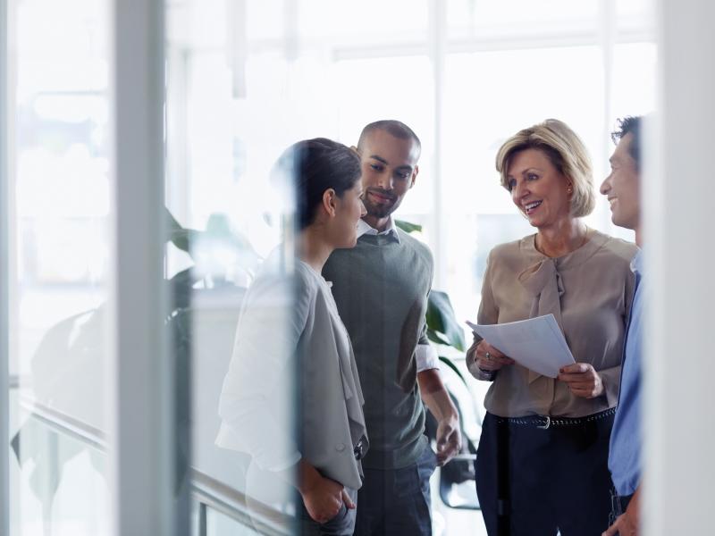 a business woman having a discussion with the colleagues