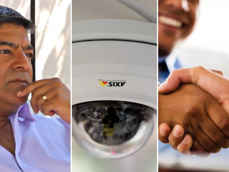 Three images in one: man thinking, an Axis camera and a handshake