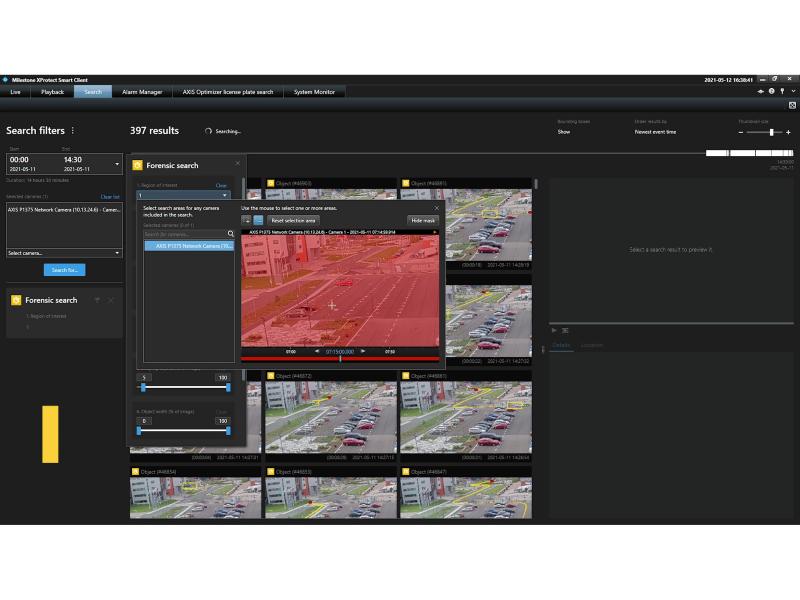 screenshot of Milestone XProtect Smart Client, Search for objects, people, or incidents
