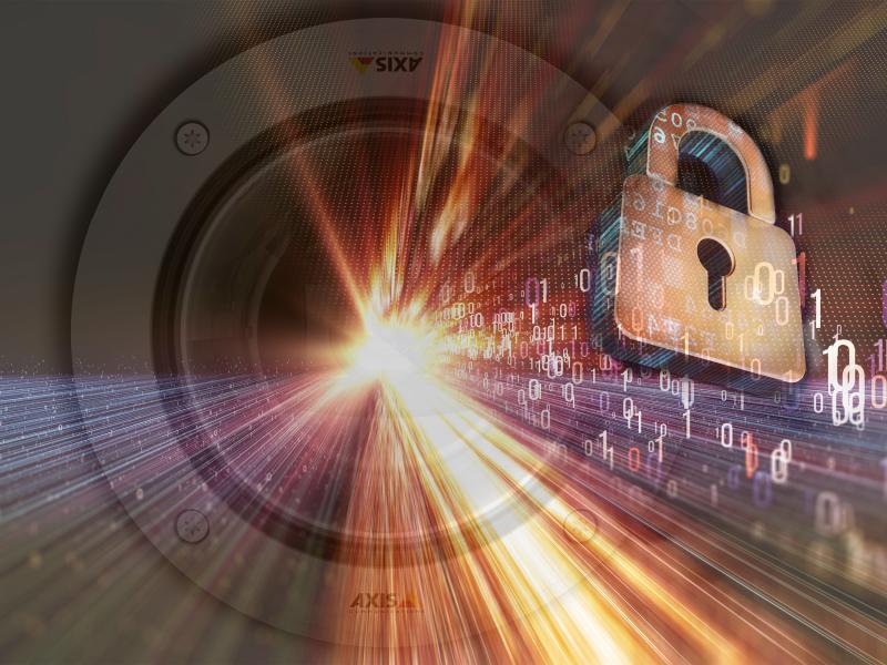 Visualisation of cybersecurity. A dome camera in the background with a padlock in the foreground.