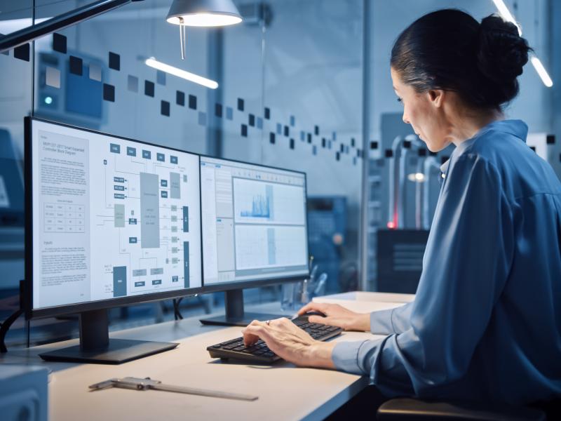 Woman sitting by computer in factory office, 