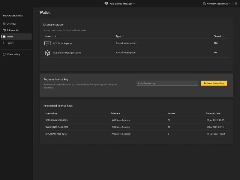 Axis license manager wallet