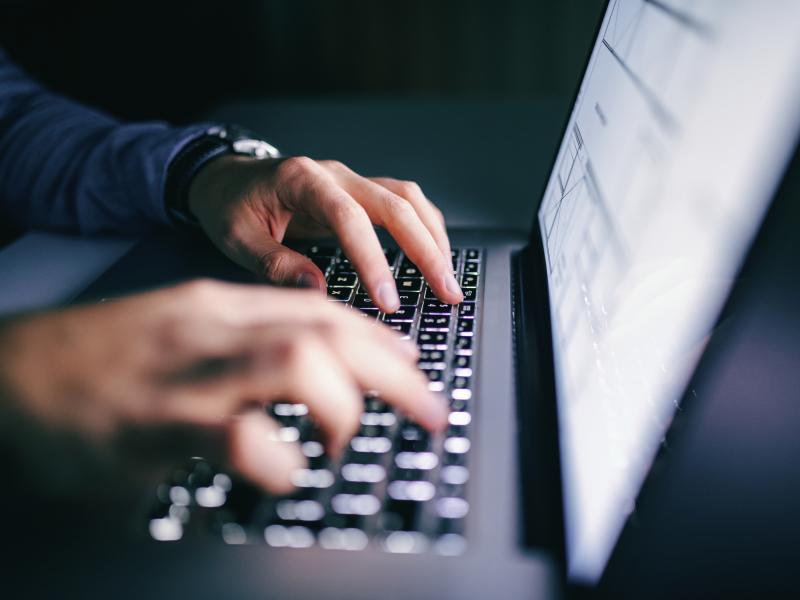 Hands typing on laptop. 