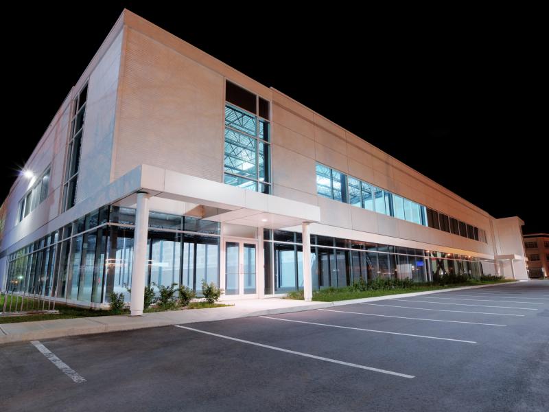 Empty office building at night.