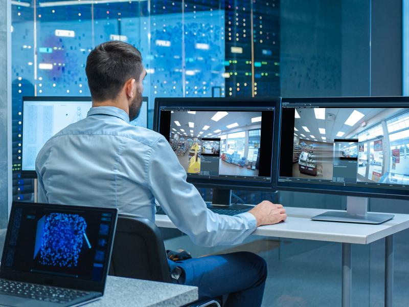 a man in an office environment, sitting at a desk with three computer screens infront of him