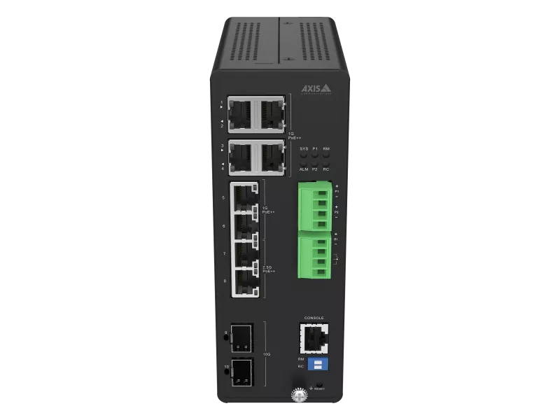 AXIS D8208-R Industrial PoE++ Switch, viewed from its front