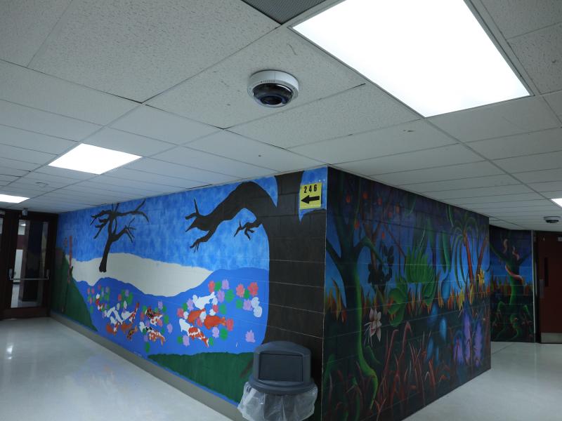 High school hallway with camera on ceiling in foreground