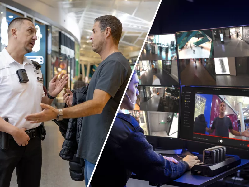 policial de shopping e sala de controle