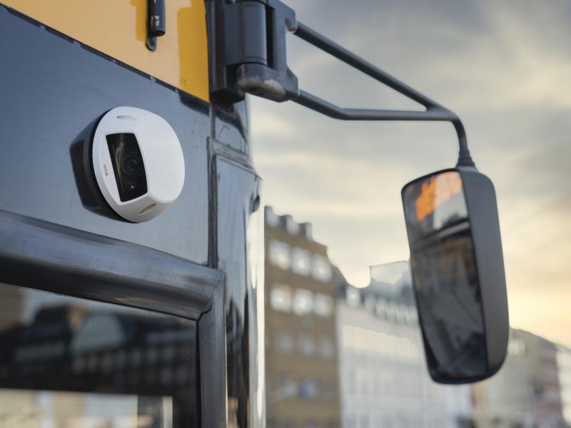 AIXS M3905-R Dome Camera with AXIS TP3826-E Housing, mounted on a bus