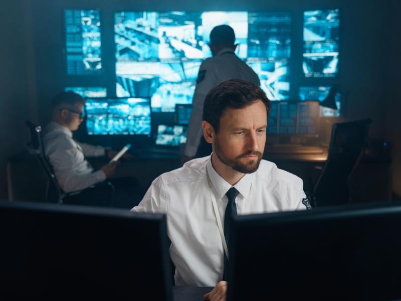 man who is monitoring two screens, several screens in the background