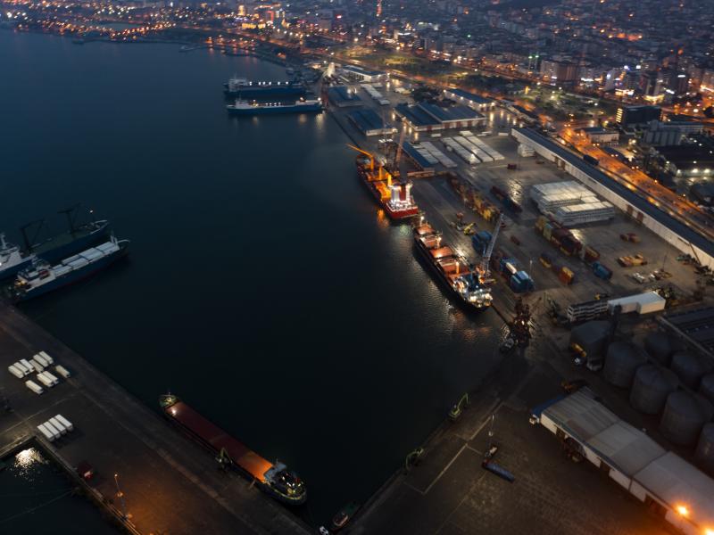 harbor ships in the night, viewed from above