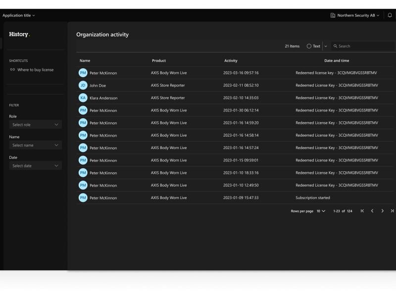 AXIS License Manager showing history log in the graphical user interface