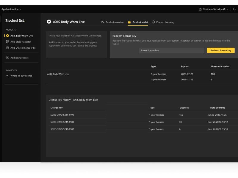 AXIS License Manager showing wallet tab in the graphical user interface