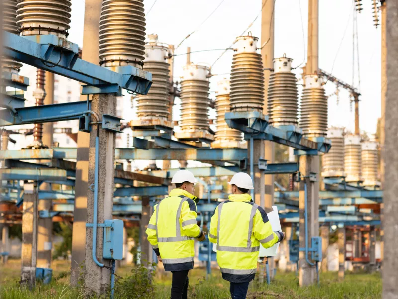 PPE dressed electrical workers in substation
