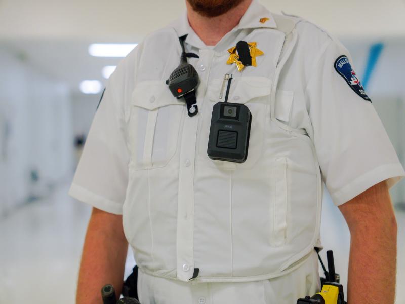 Close up of body worn camera on Mall of America security guard's chest