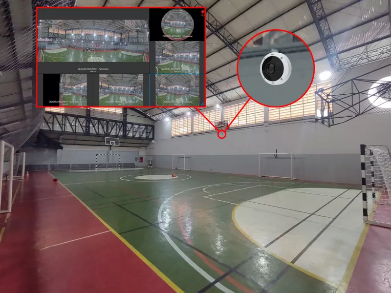 Gym at Colegio Rosario with callouts for cameras