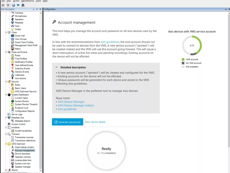 AXIS Optimizer account and password management