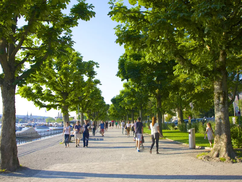 Seaside view of Zurich lake promenade