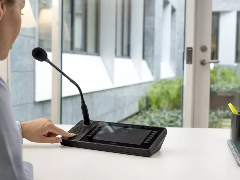 Paging console with gooseneck mic in usage