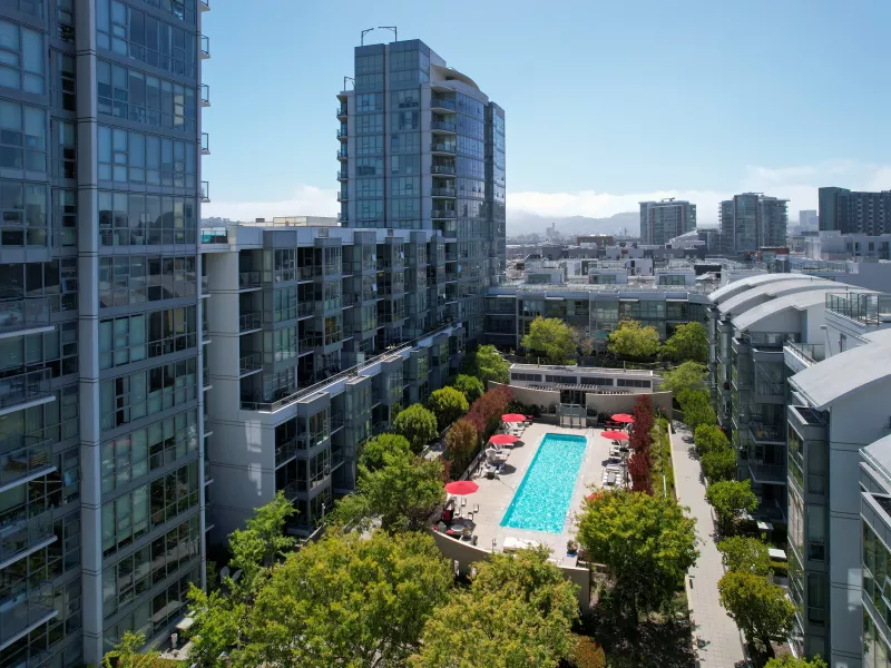 Aerial view of The Madrone with pool