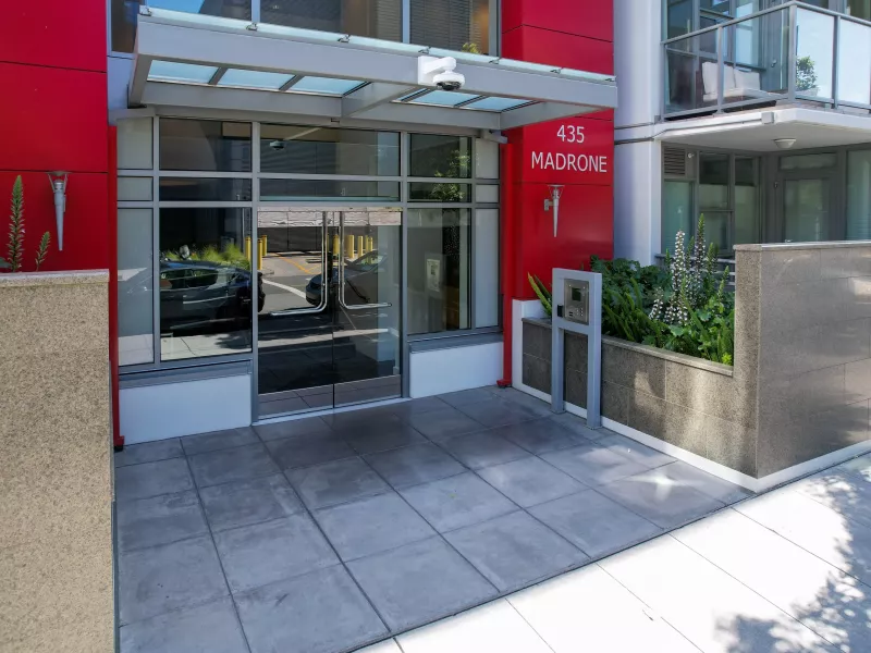 Entrance of The Madrone with camera visible