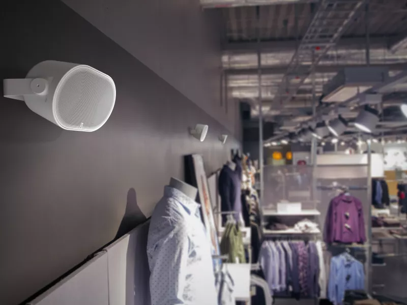 Network speaker on wall in clothing store