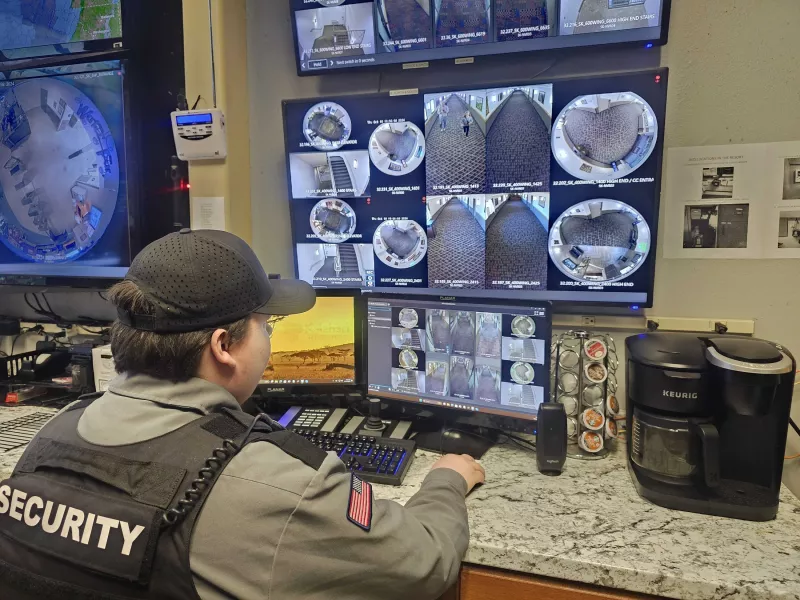 Security room with monitors showing camera feeds