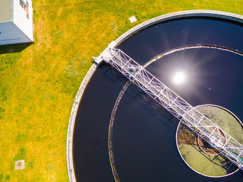Aerial view of open basin at water treatment plant