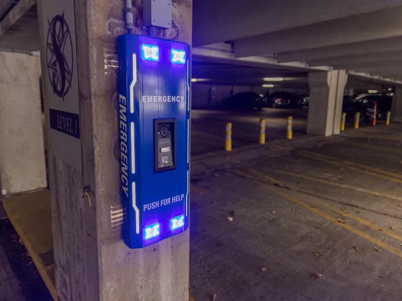 Emergency call box in parking garage of hospital