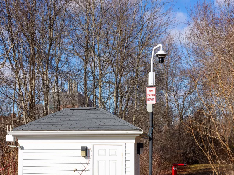 Camera near a wooded area on university campus