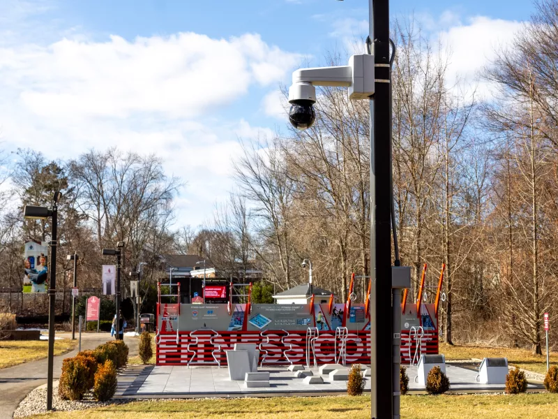Camera on lamp post on university campus