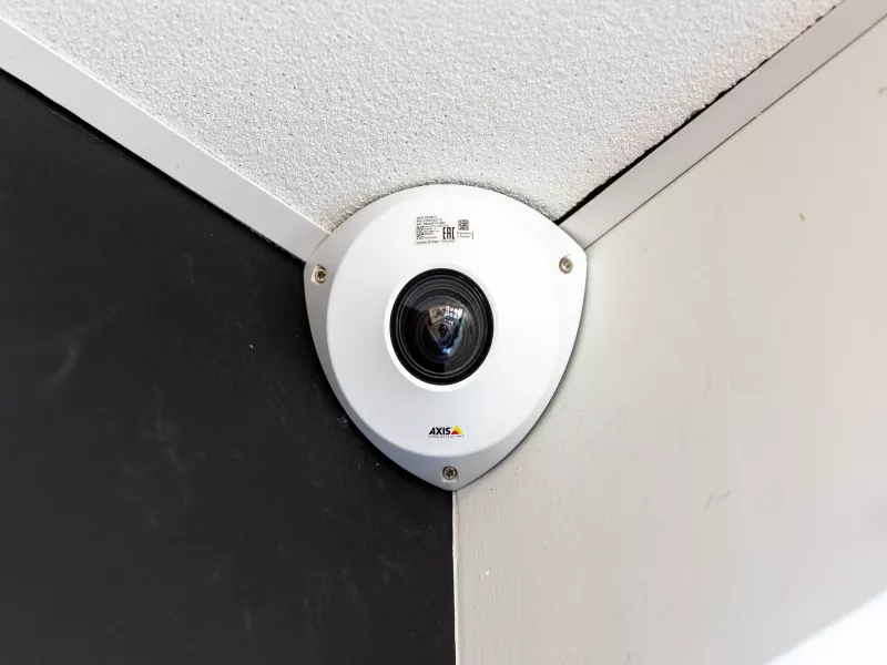 Corner mounted camera in university building
