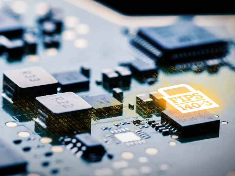Close-up of chip with FIPS 140 logo