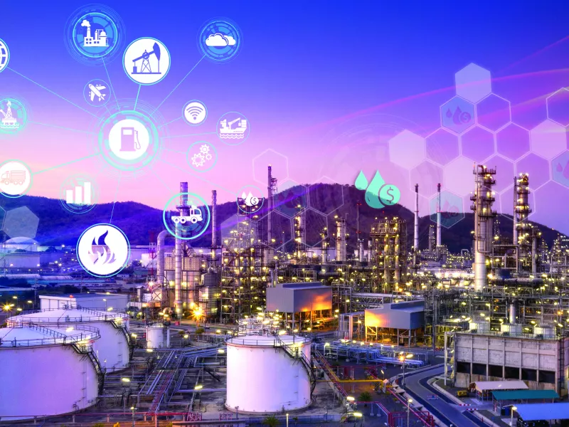 Cybersigns above oil refinery