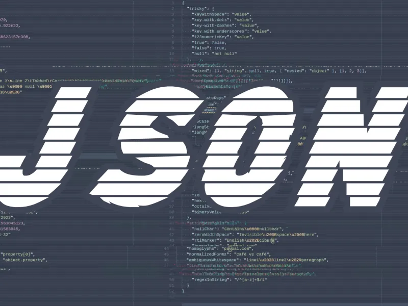 Json written in all caps, white text on dark background containing code