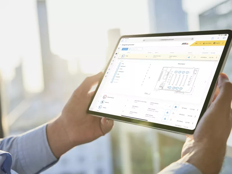 A tablet showing AXIS Site Designer GUI
