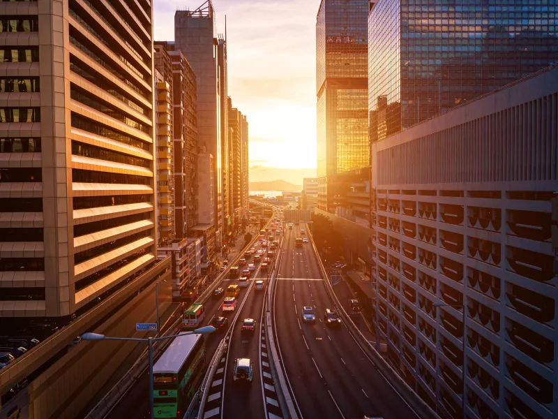 Hong Kong city with a sunset