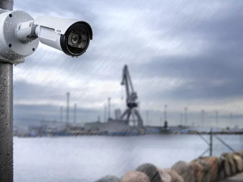 AXIS P1485-LE Bullet Camera in rainy and windy weather, located by a harbor 