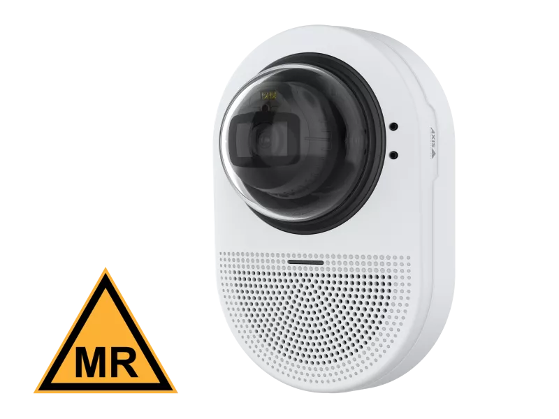 AXIS Q9307-LV viewed from its left angle. An MR conditional certification placed to the left.