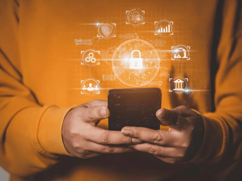 Secure digital connections with cybersecurity elements and network symbols.