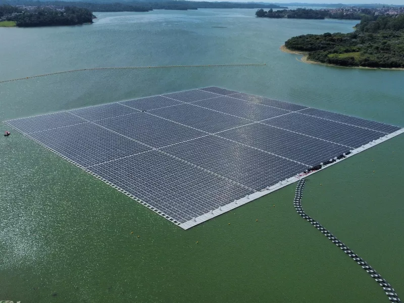 aerial view of floating solar energy array