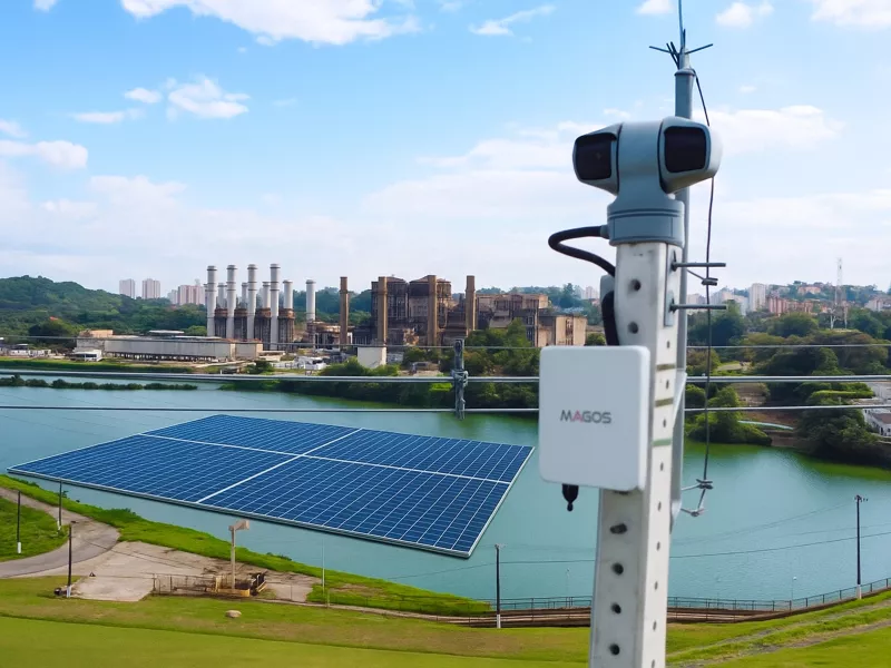 camera in foreground with solar array in background