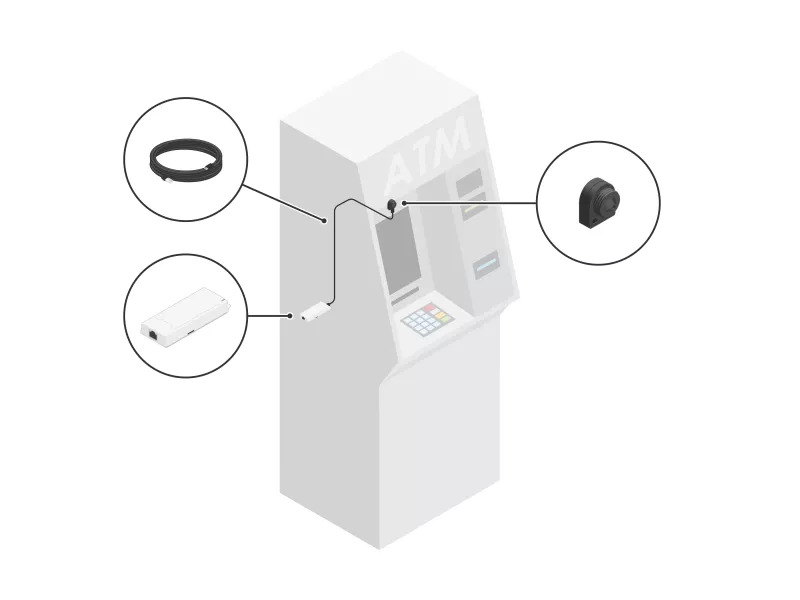 Illustration of an ATM with AXIS P1265 Mk II Modular Pinhole Camera installed and integrated to the machine.