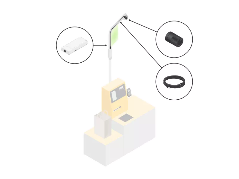 Illustration of a yellow and gray self-service checkout integrated with AXIS P1245 MK II Modular Standard Camera. 